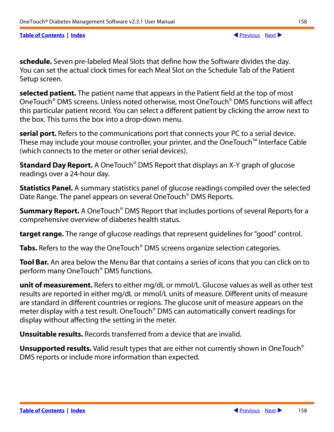 Lifescan Diabetes Management Software v2.3.1 manual Table of Contents Index Previous Next 158 