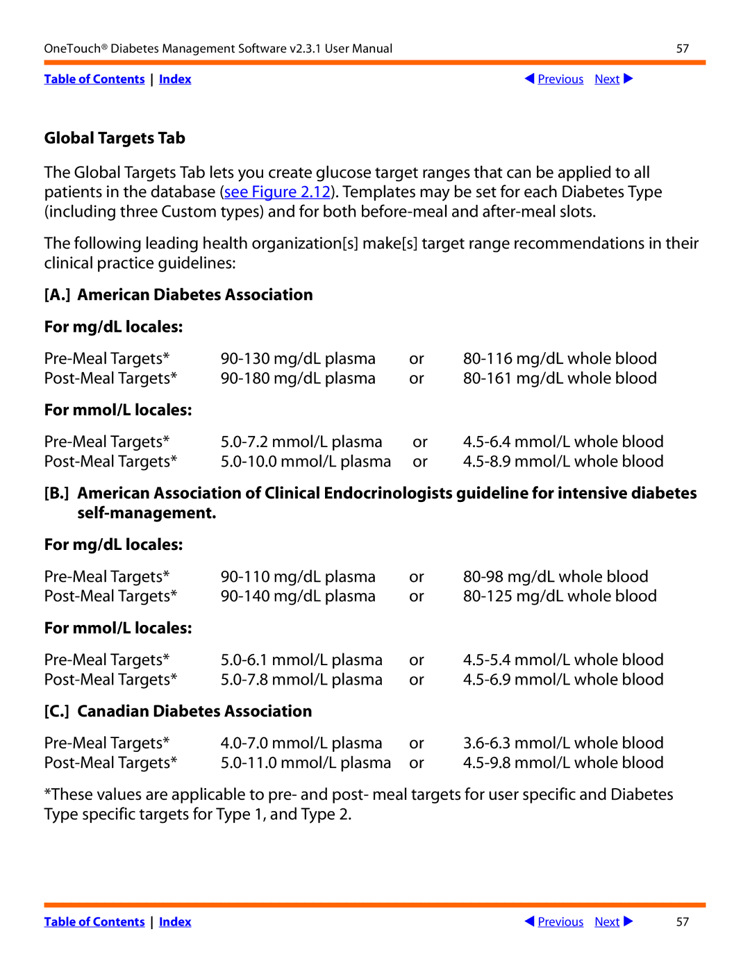 Lifescan Diabetes Management Software v2.3.1 manual Global Targets Tab, American Diabetes Association For mg/dL locales 