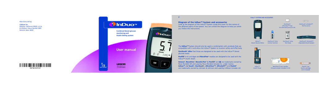 Lifescan In Duo manual Diagram of the InDuo System and accessories, InDuo System and Accessories 