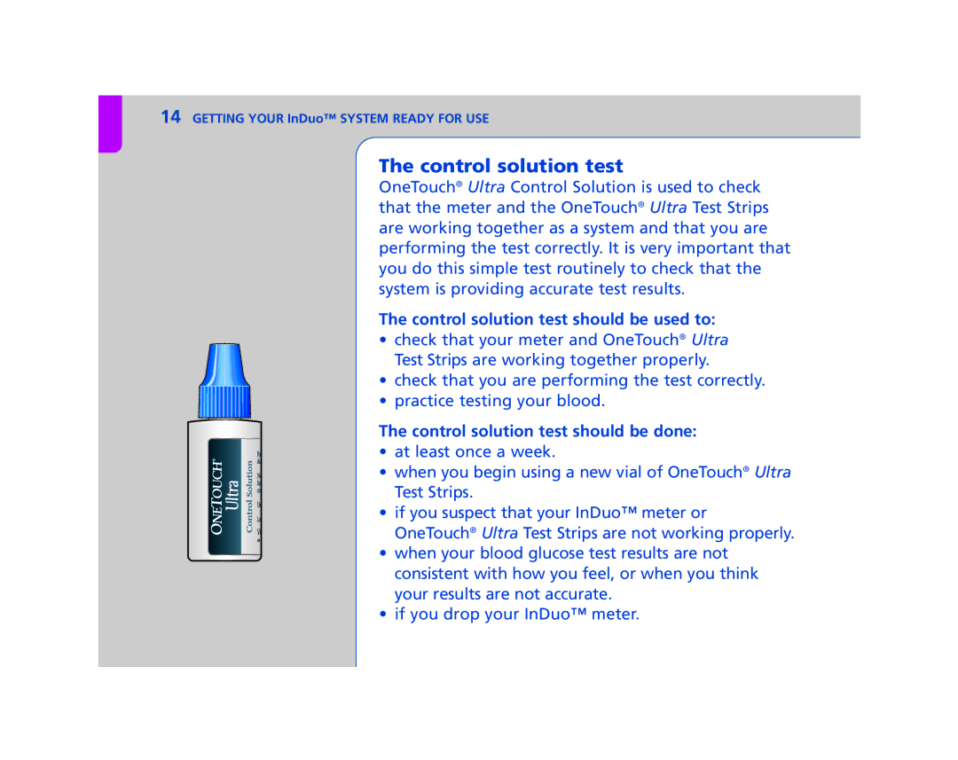 Lifescan In Duo manual Control solution test should be used to, Control solution test should be done 