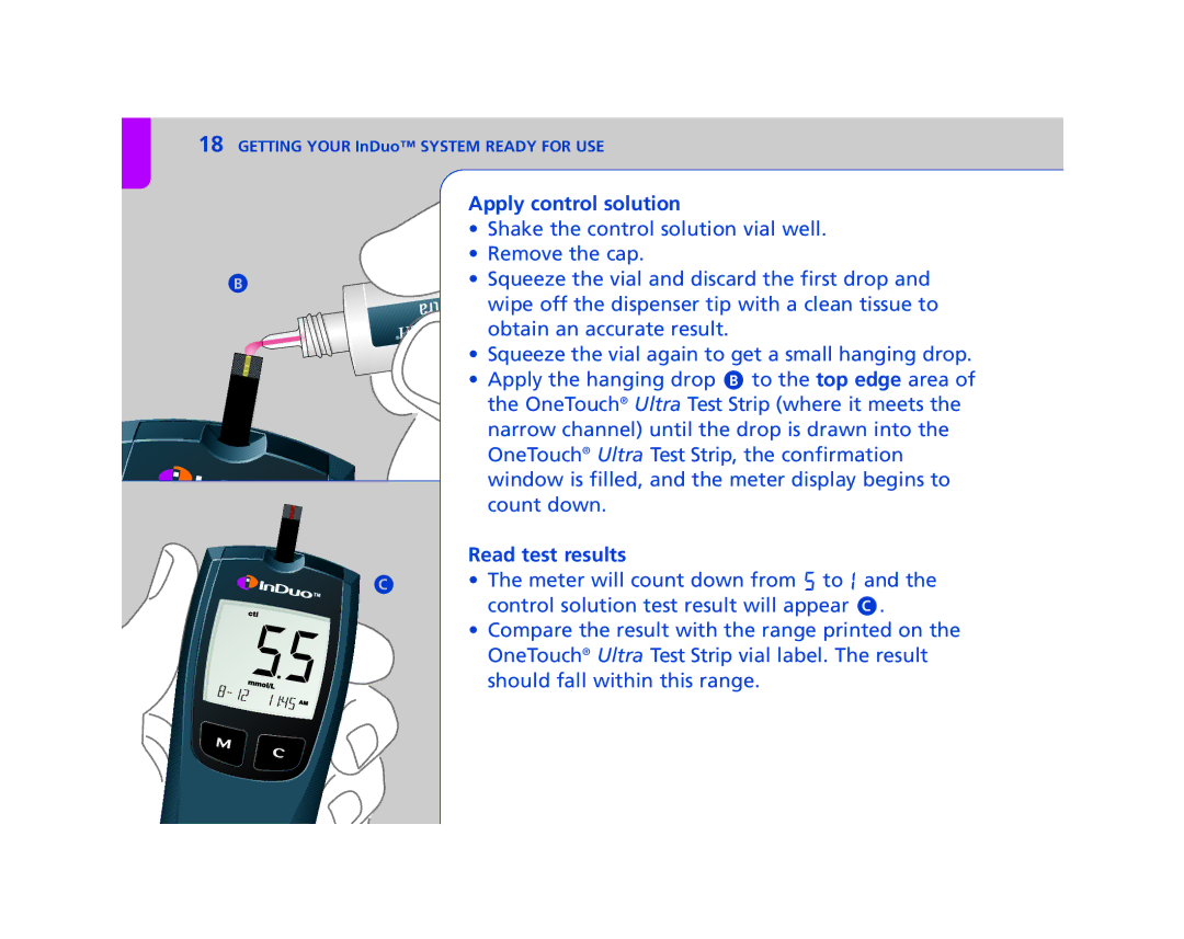 Lifescan In Duo manual Apply control solution, Read test results 