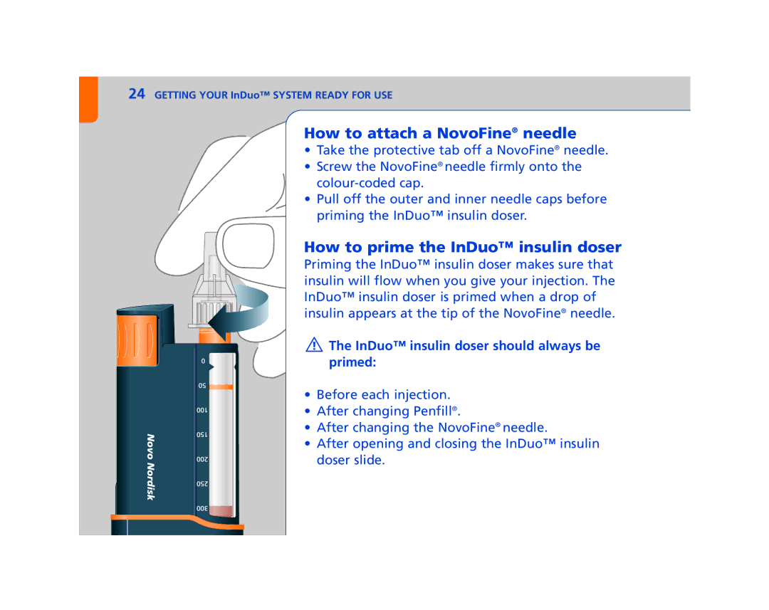 Lifescan In Duo manual How to attach a NovoFine needle, How to prime the InDuo insulin doser 