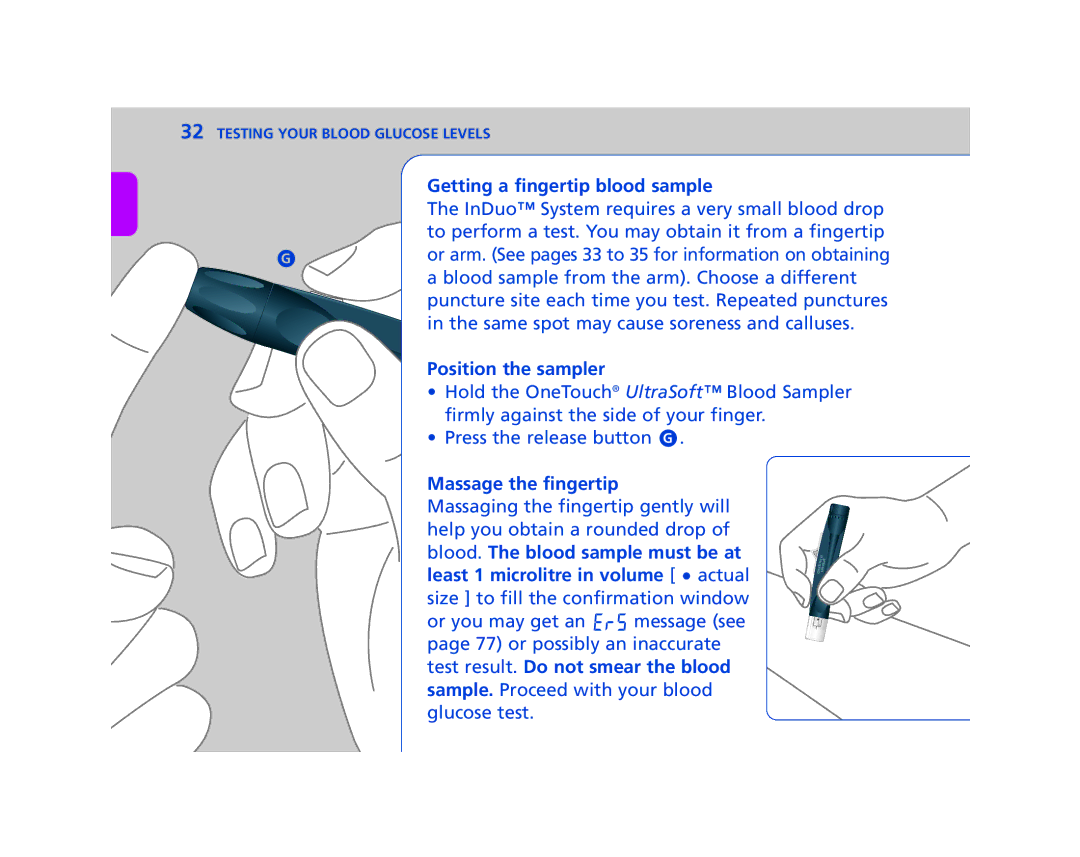 Lifescan In Duo manual Getting a fingertip blood sample, Position the sampler, Massage the fingertip 