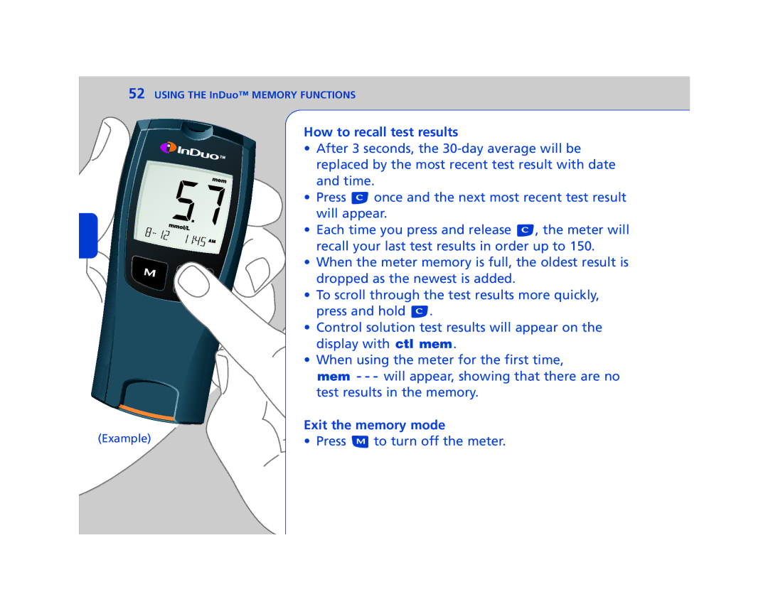 Lifescan In Duo manual How to recall test results, Exit the memory mode 