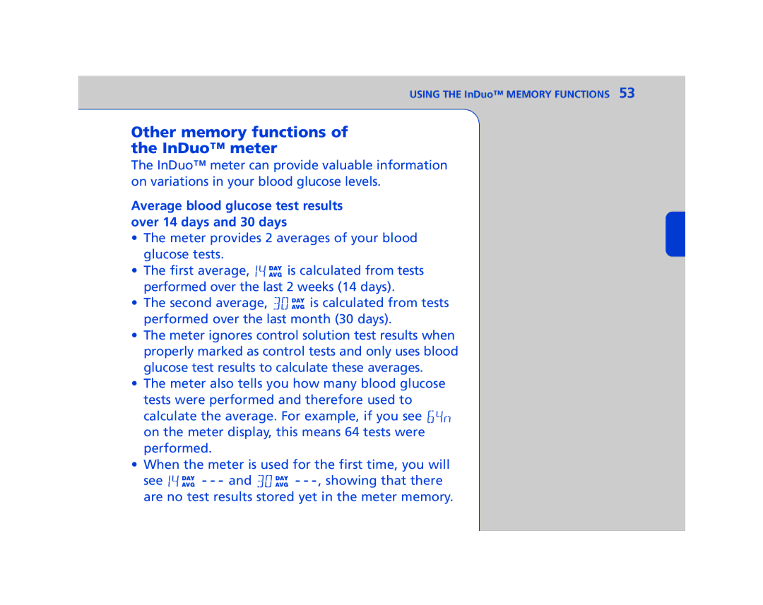 Lifescan In Duo Other memory functions of the InDuo meter, Average blood glucose test results over 14 days and 30 days 