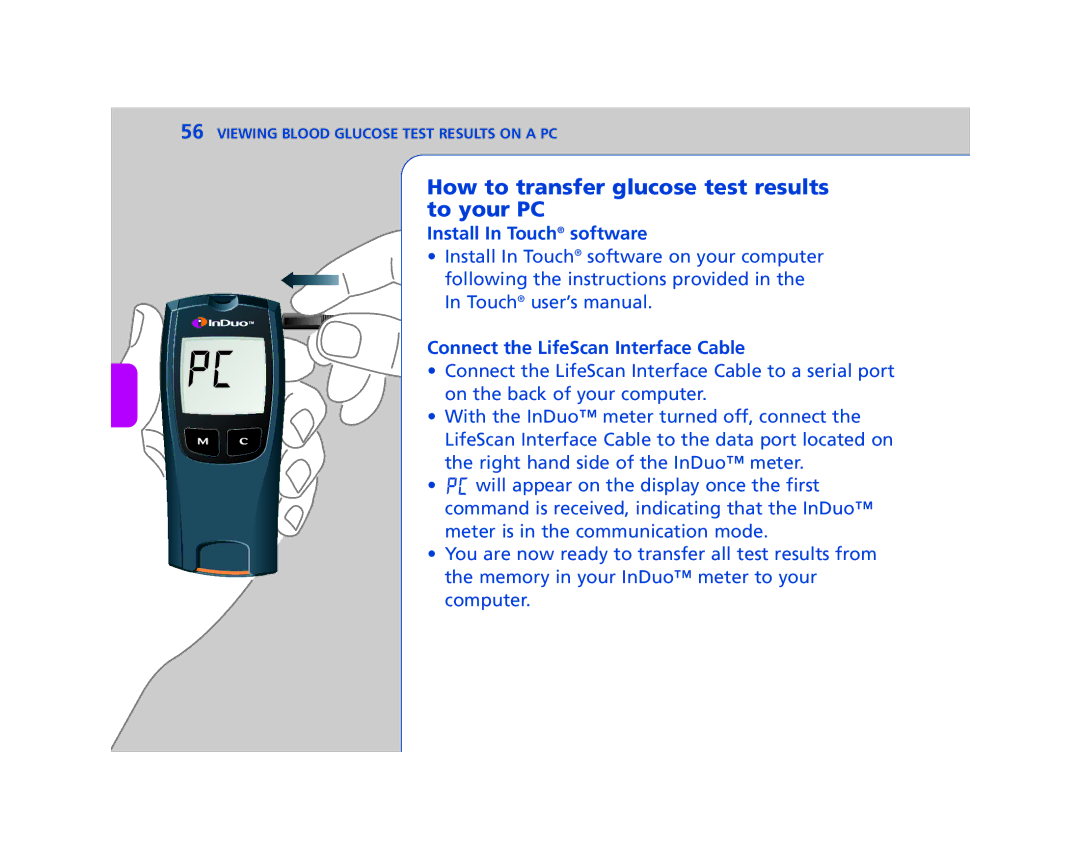 Lifescan In Duo manual How to transfer glucose test results to your PC, Install In Touch software 