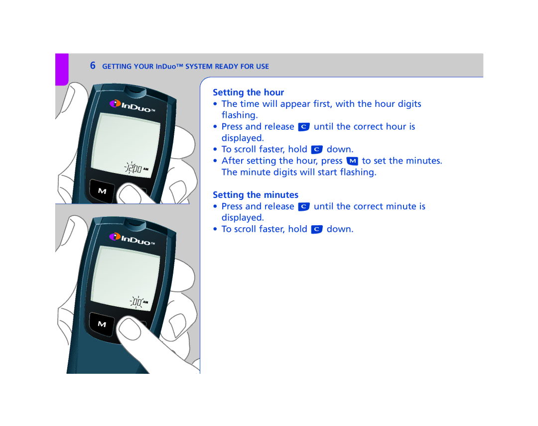 Lifescan In Duo manual Setting the hour, Setting the minutes 