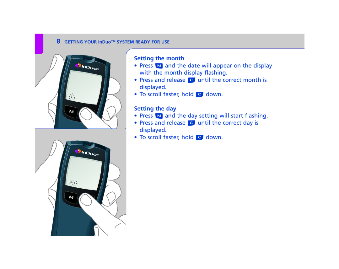 Lifescan In Duo manual Setting the month, Setting the day 