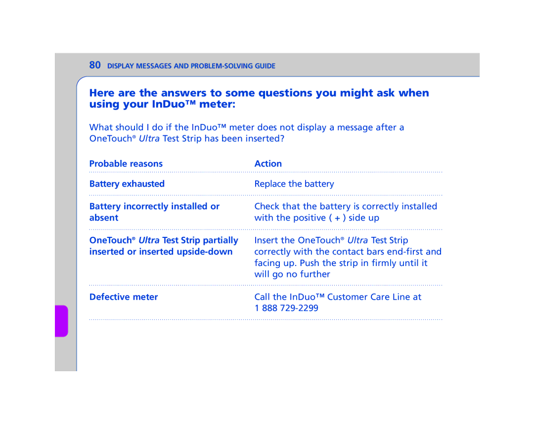 Lifescan In Duo manual Probable reasons Action Battery exhausted, Battery incorrectly installed or, Absent, Defective meter 