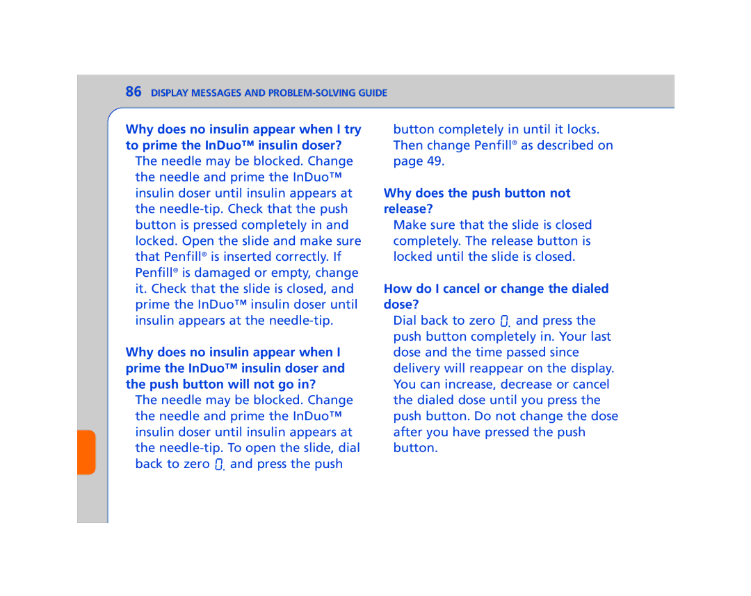 Lifescan In Duo manual Why does the push button not release?, How do I cancel or change the dialed dose? 