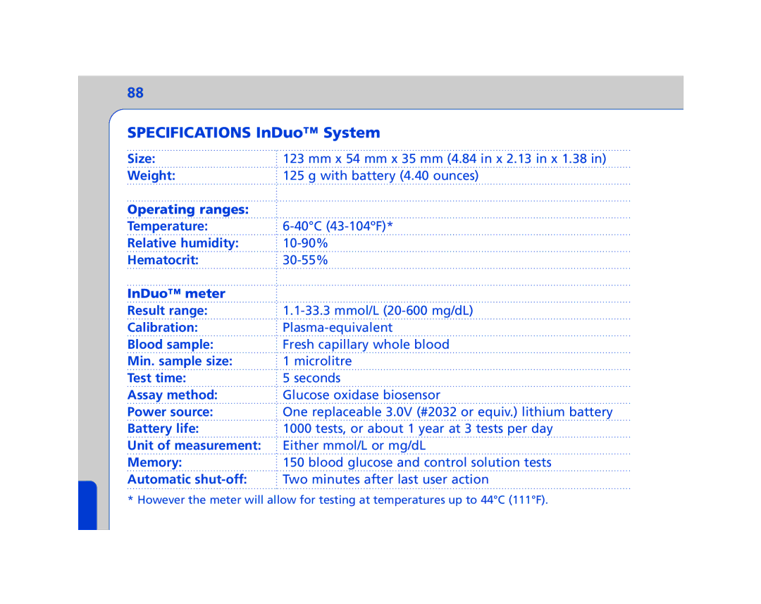 Lifescan In Duo manual Specifications InDuo System 