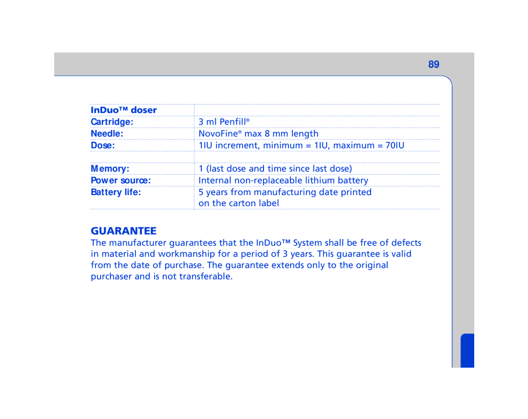 Lifescan In Duo manual Guarantee, InDuo doser Cartridge, Needle 