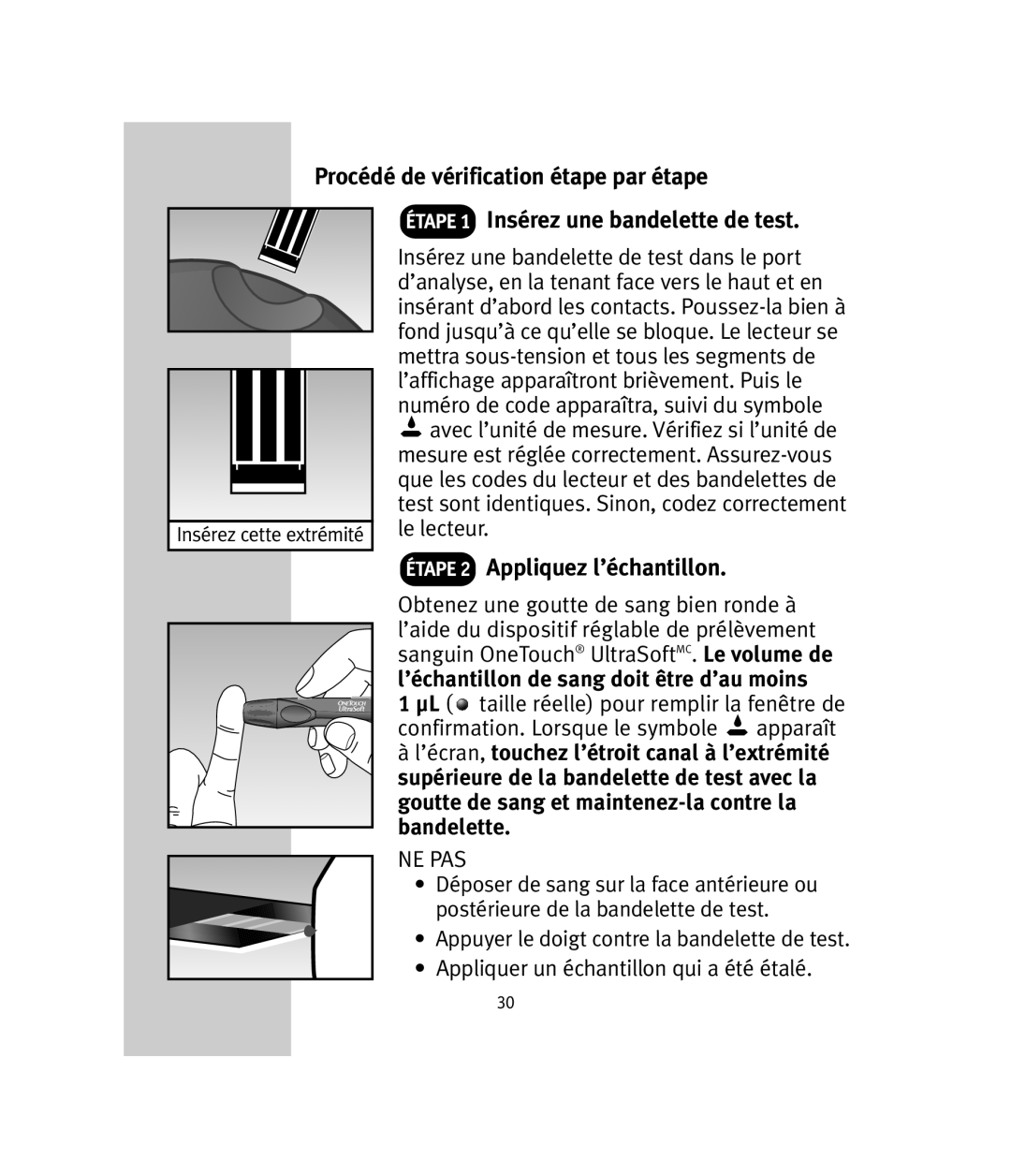 Lifescan OneTouch Ultra manual Étape 2 Appliquez l’échantillon, Ne Pas 