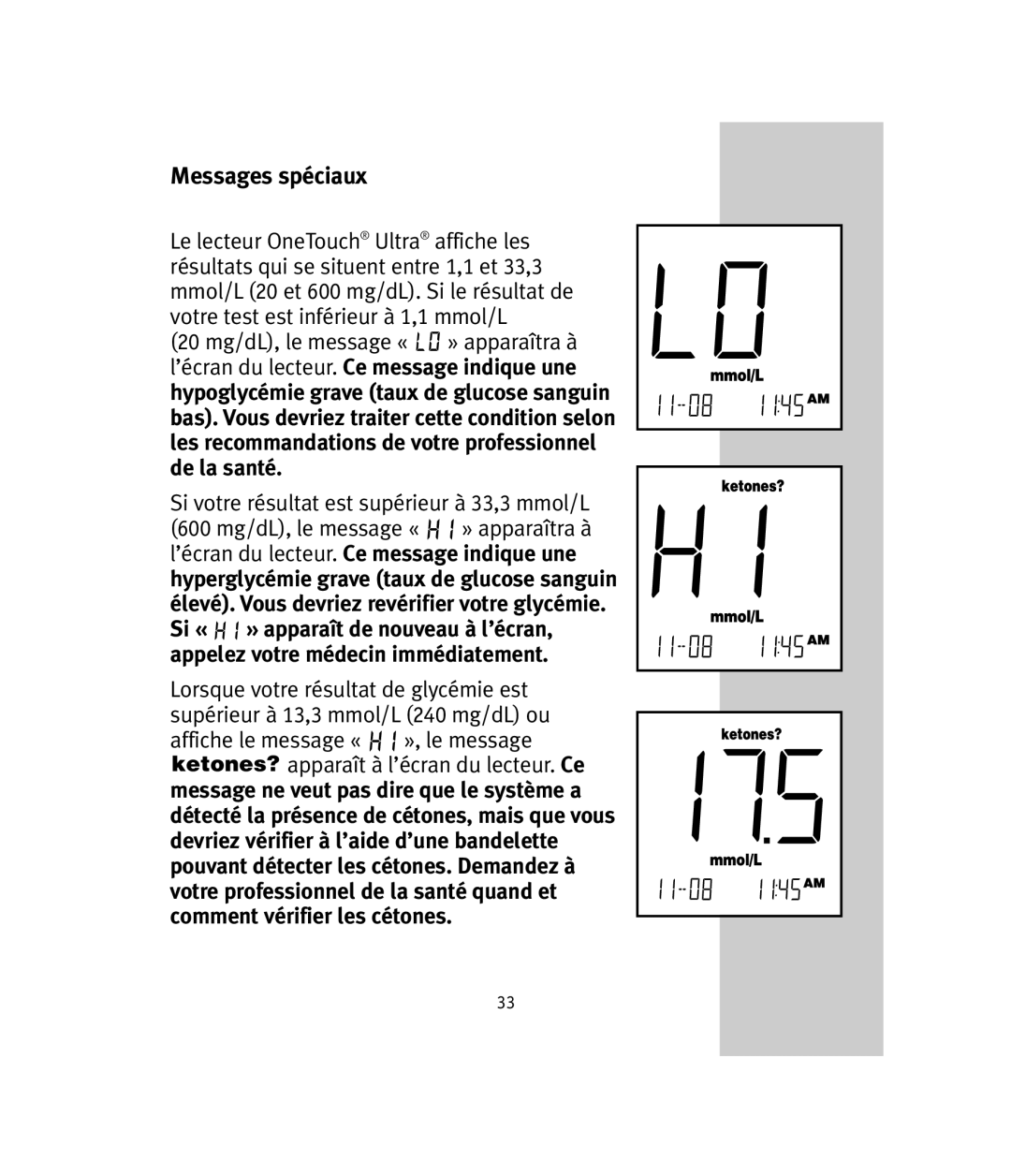 Lifescan OneTouch Ultra manual Messages spéciaux 