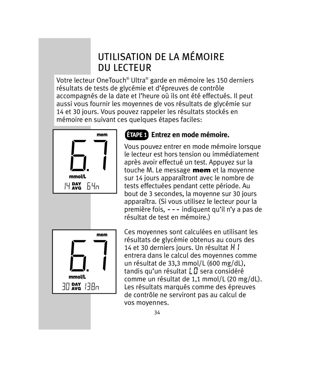 Lifescan OneTouch Ultra manual Utilisation DE LA Mémoire DU Lecteur, Étape 1 Entrez en mode mémoire 