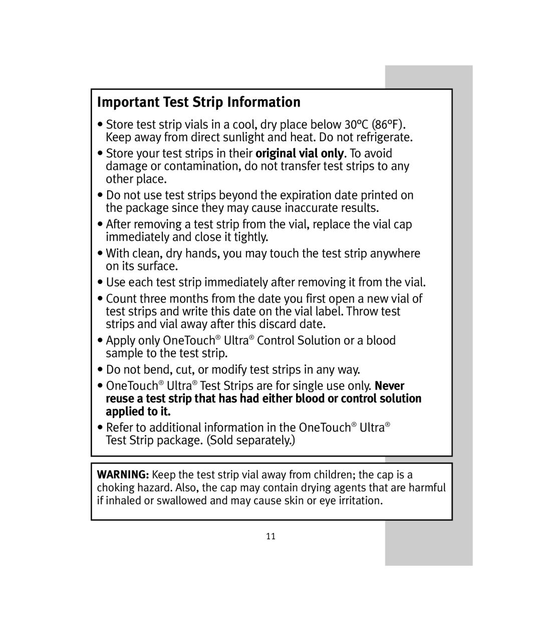 Lifescan OneTouch Ultra manual Important Test Strip Information 