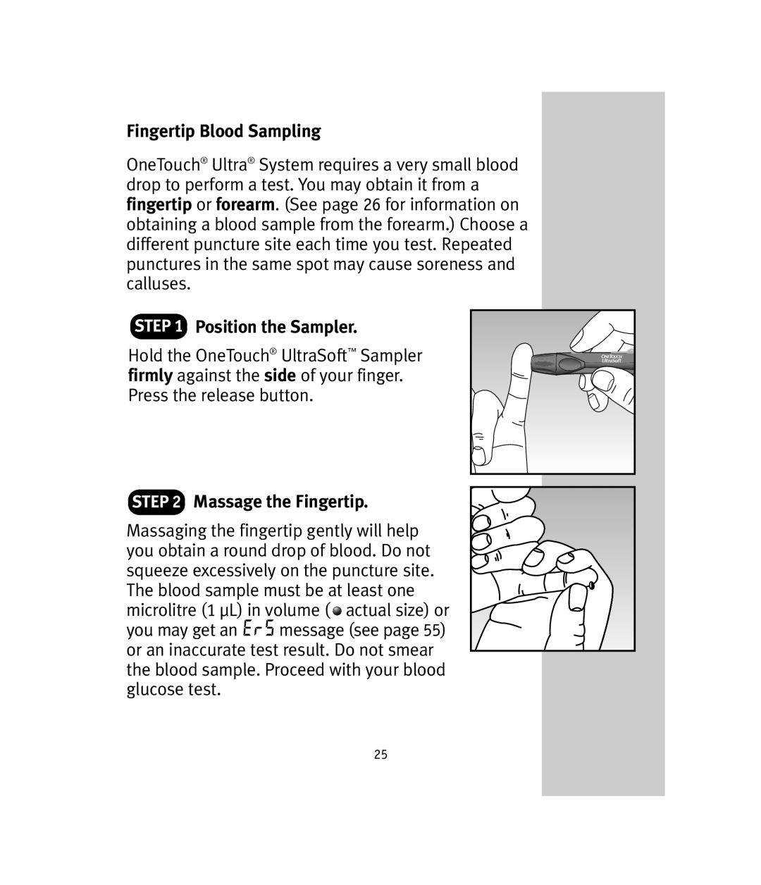 Lifescan OneTouch Ultra manual Fingertip Blood Sampling, Position the Sampler, Massage the Fingertip 