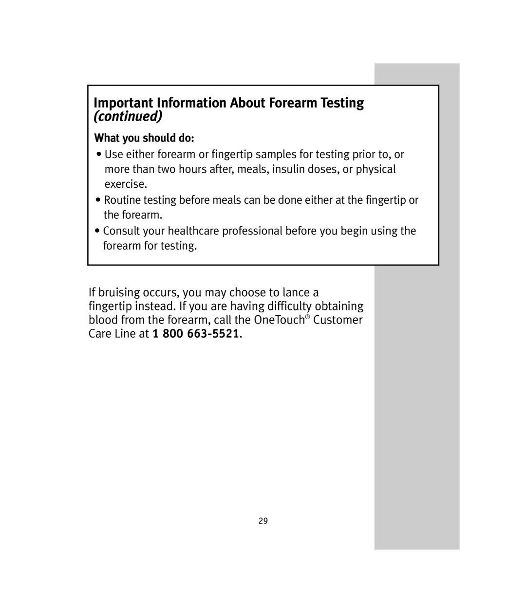 Lifescan OneTouch Ultra manual Important Information About Forearm Testing, What you should do 