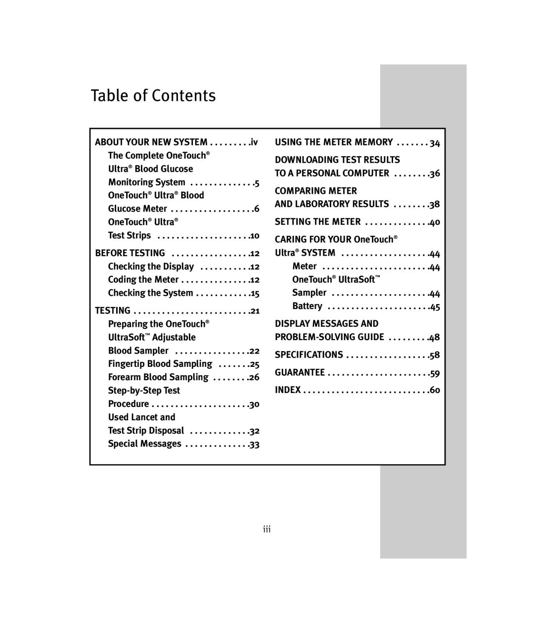 Lifescan OneTouch Ultra manual Table of Contents 