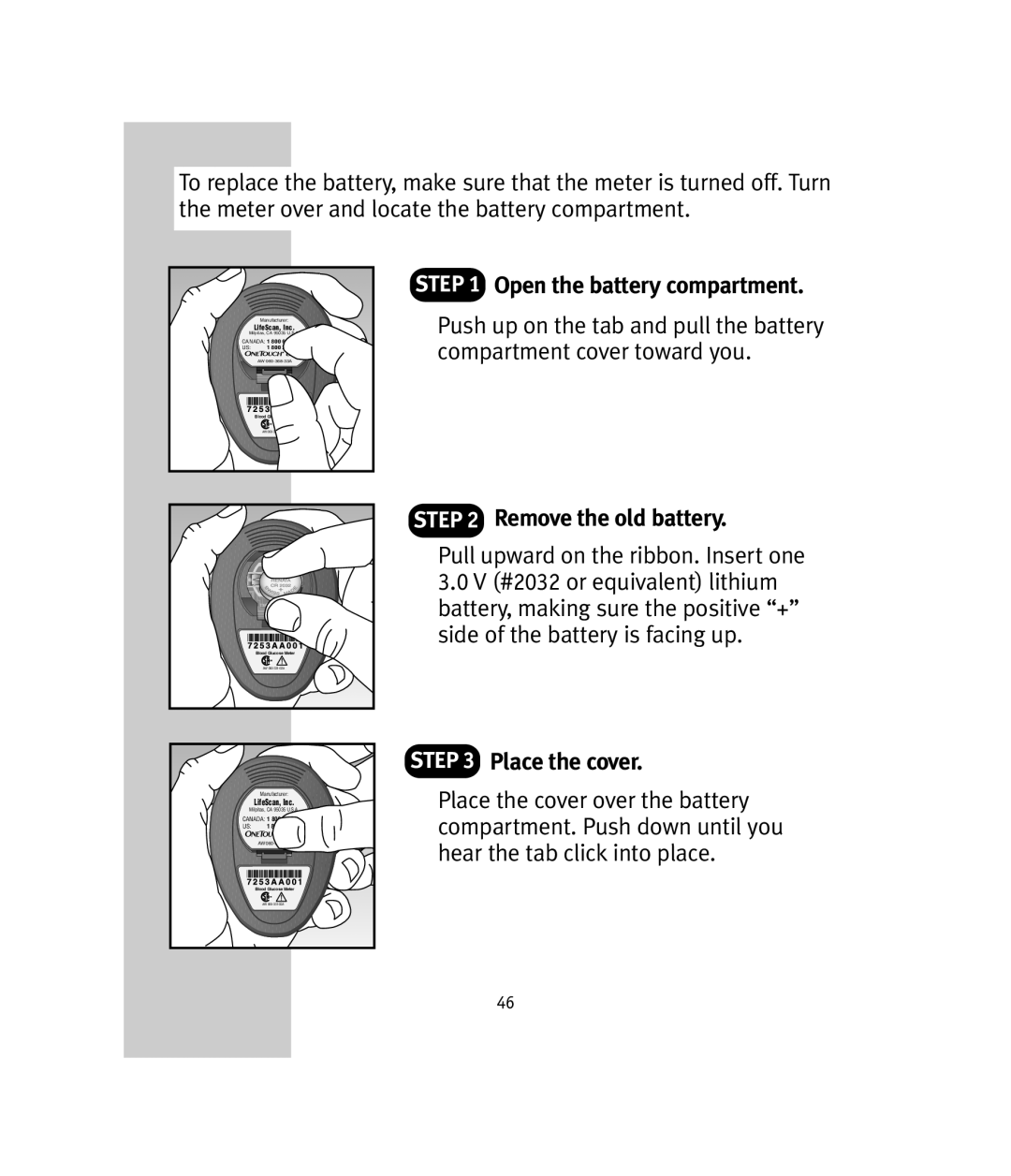 Lifescan OneTouch Ultra manual Open the battery compartment, Remove the old battery, Place the cover 