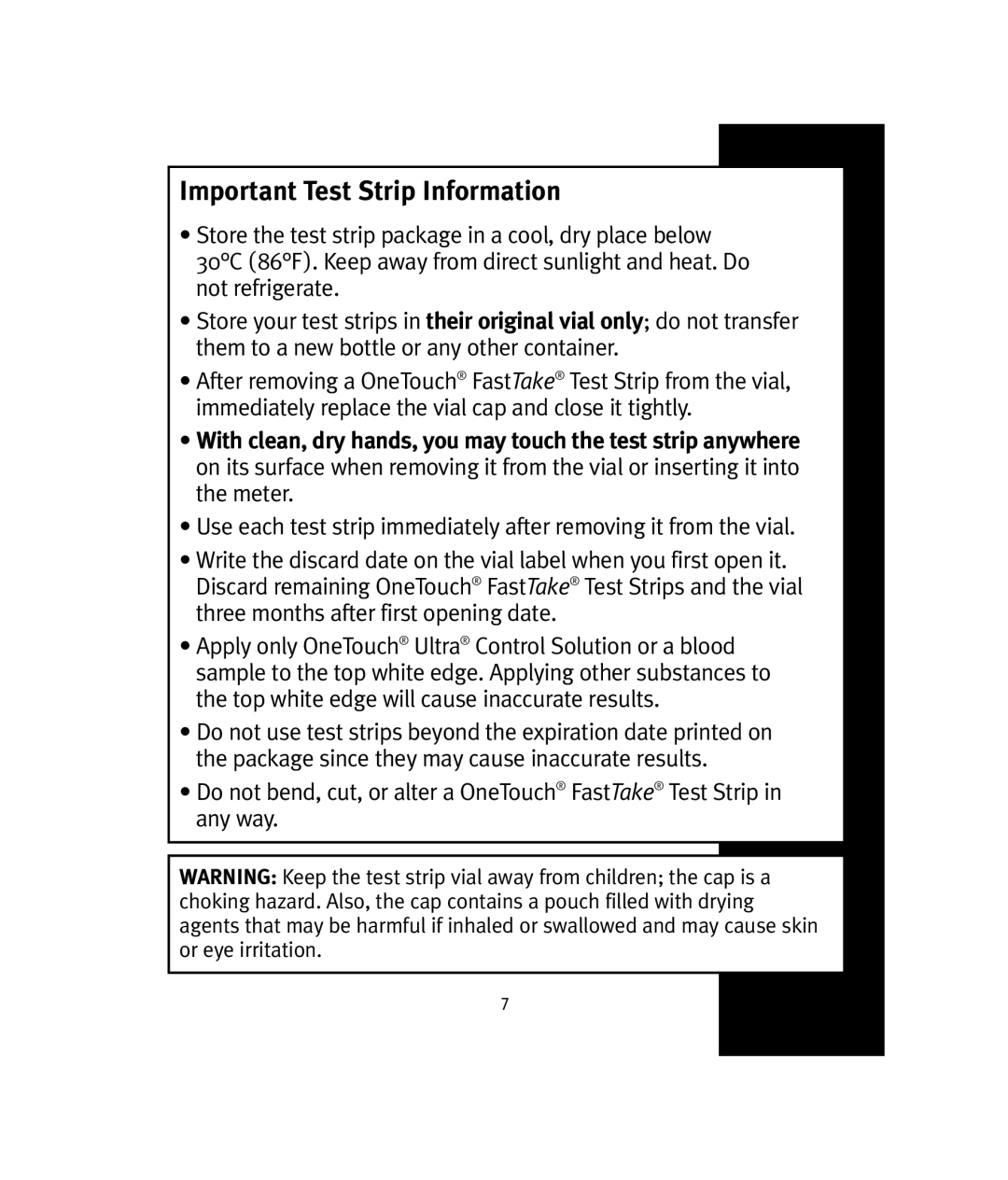 Lifescan OneTouch manual Important Test Strip Information 