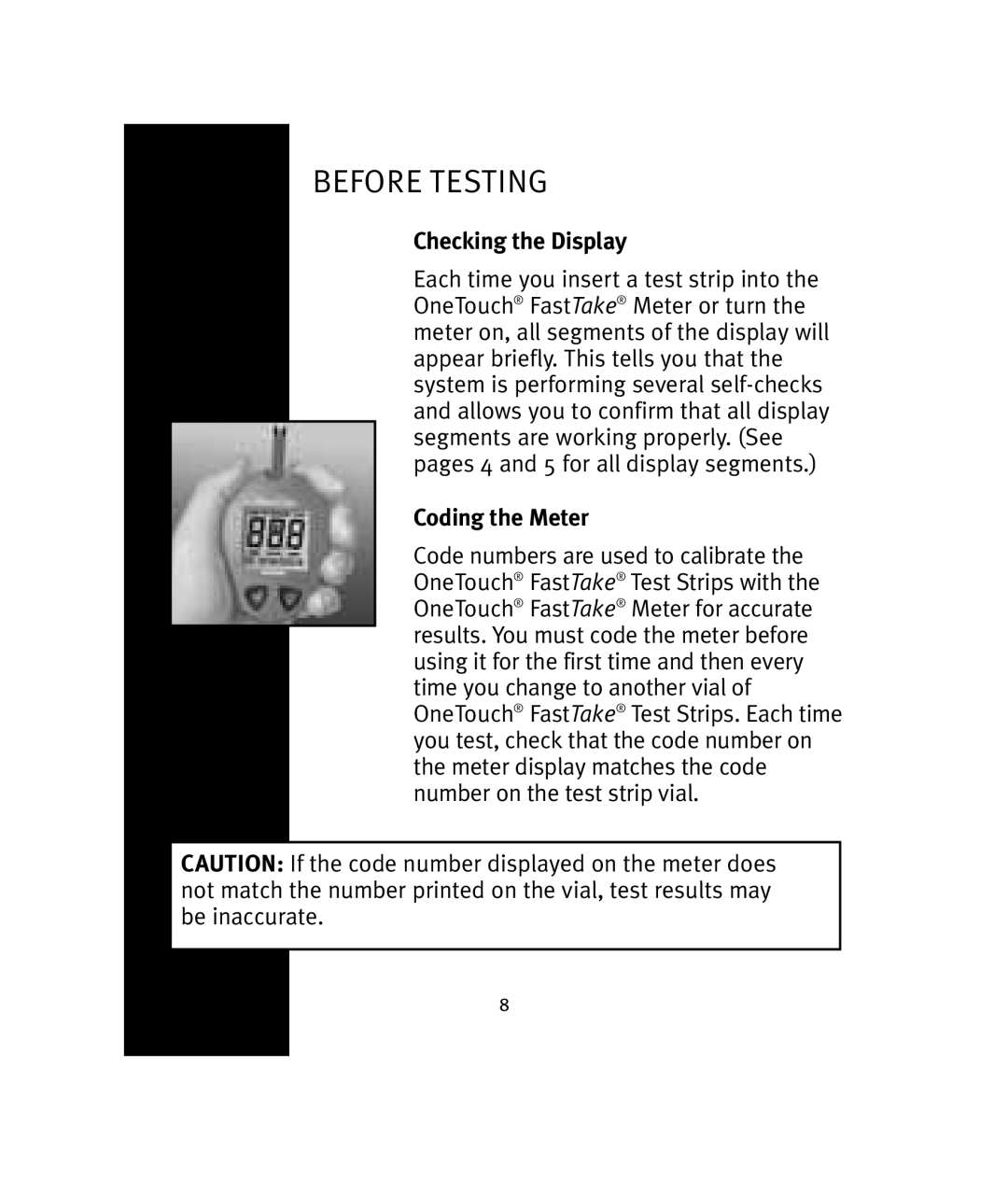 Lifescan OneTouch manual Before Testing, Checking the Display, Coding the Meter 