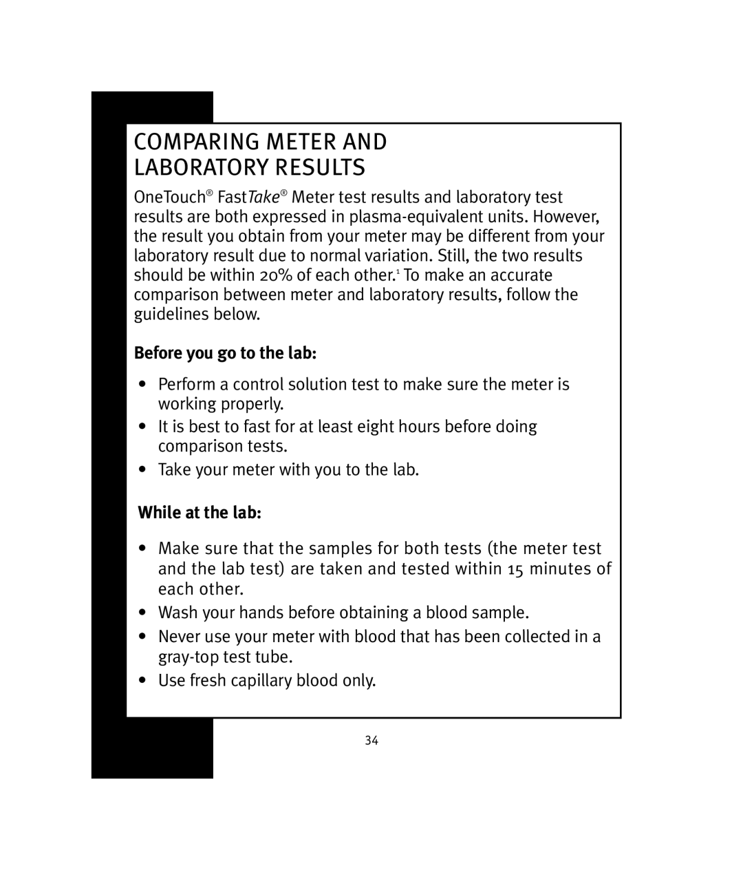 Lifescan OneTouch manual Comparing Meter Laboratory Results, Before you go to the lab, While at the lab 