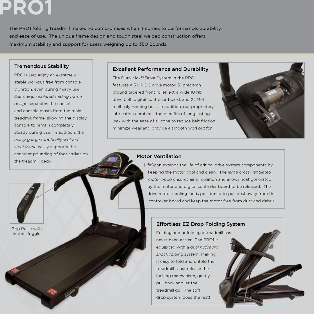 Lifescan Pro Series manual PRO1, Tremendous Stability, Excellent Performance and Durability, Motor Ventilation 