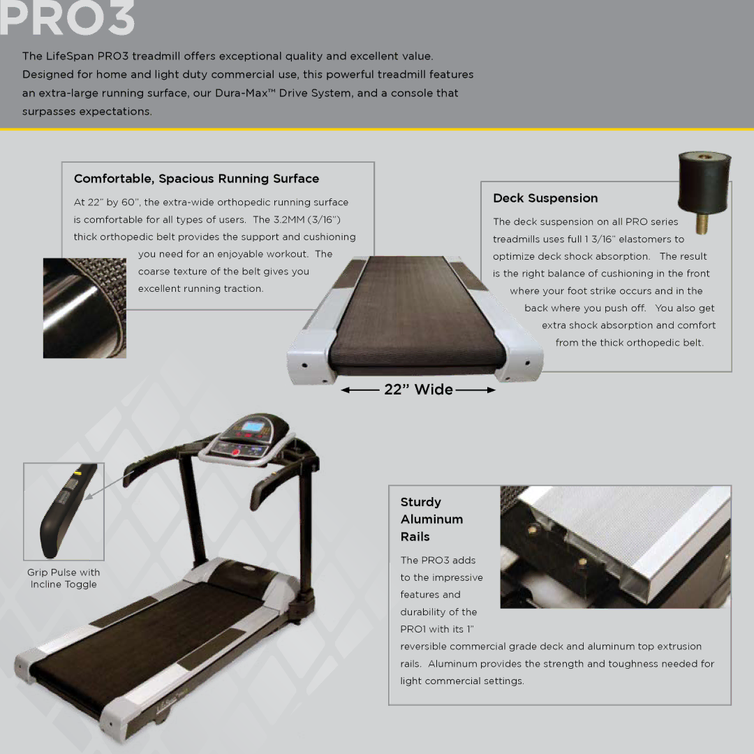 Lifescan Pro Series manual PRO3, Wide, Comfortable, Spacious Running Surface, Deck Suspension, Sturdy Aluminum Rails 