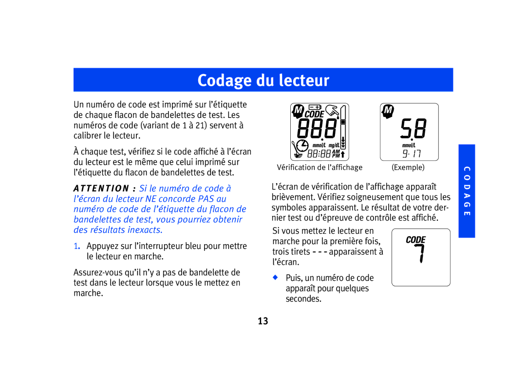 Lifescan SPD2410BD manual Codage du lecteur 