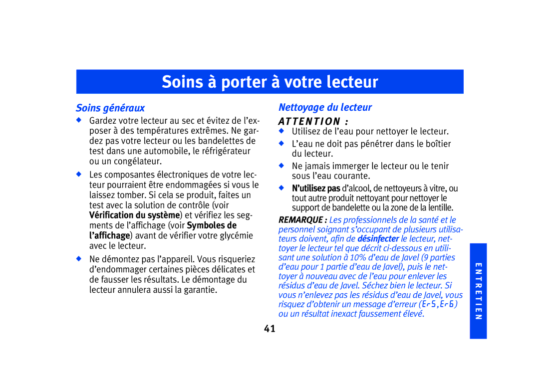 Lifescan SPD2410BD manual Soins à porter à votre lecteur, Soins généraux, Nettoyage du lecteur 