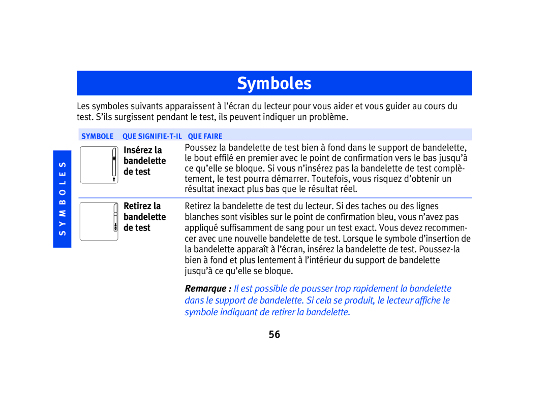 Lifescan SPD2410BD manual Symboles, Bandelette 