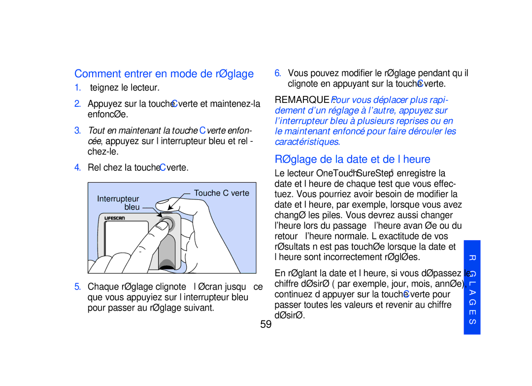 Lifescan SPD2410BD manual Comment entrer en mode de réglage, Réglage de la date et de l’heure 