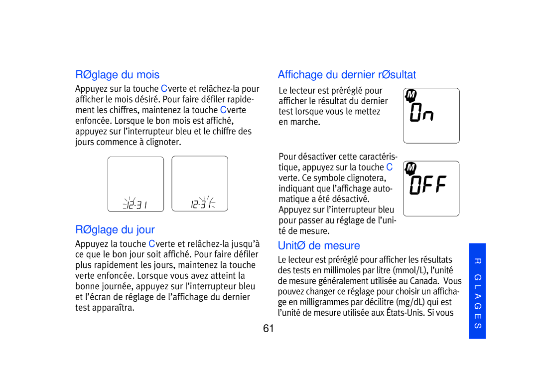 Lifescan SPD2410BD manual Réglage du mois, Réglage du jour, Affichage du dernier résultat, Unité de mesure 