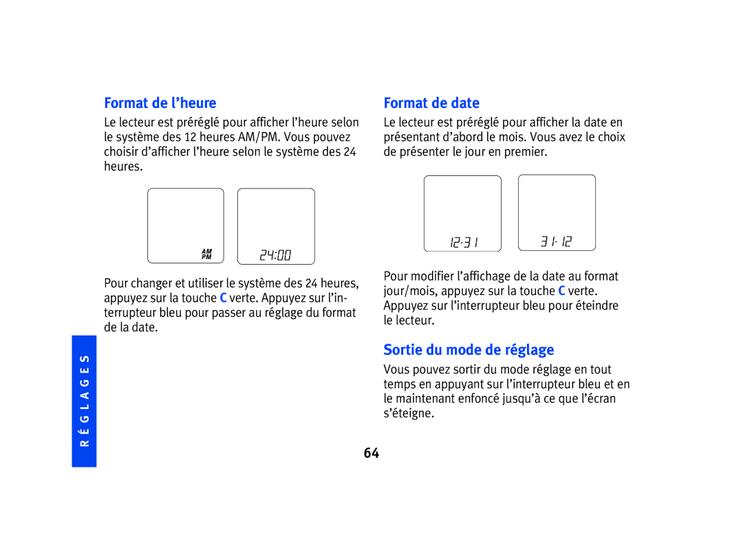 Lifescan SPD2410BD manual Format de l’heure, Format de date, Sortie du mode de réglage 