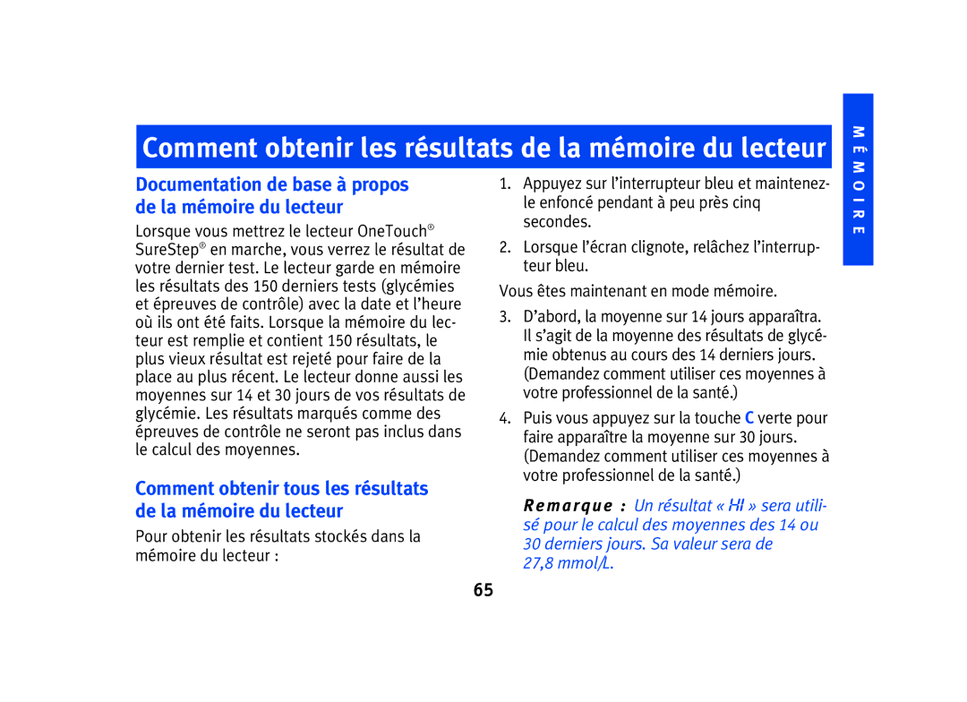 Lifescan SPD2410BD manual Comment obtenir les résultats de la mémoire du lecteur 