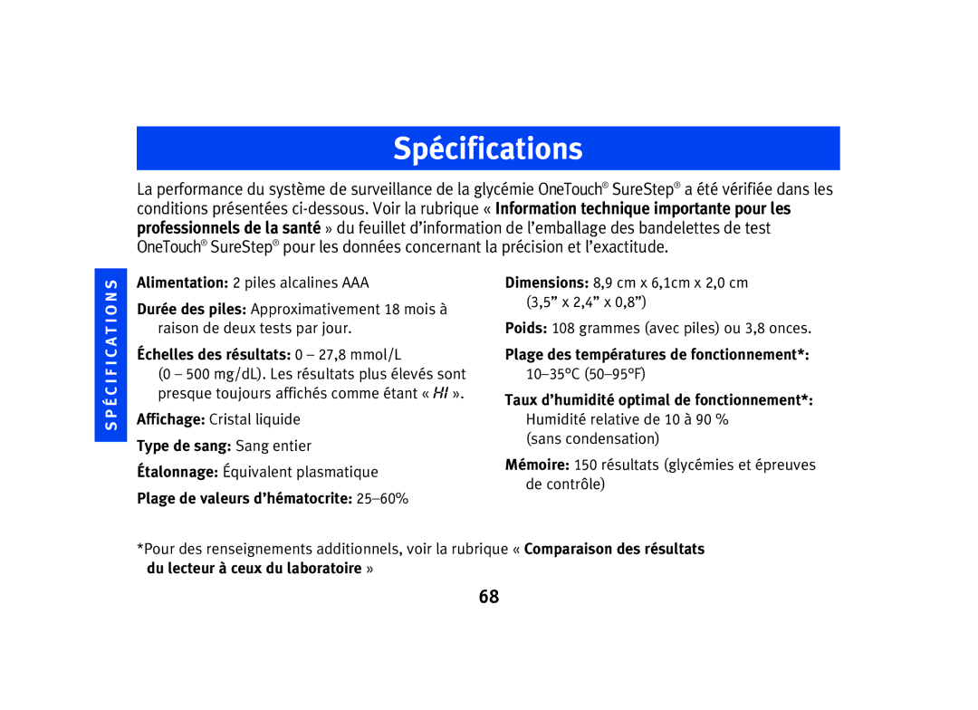 Lifescan SPD2410BD manual Spécifications, Échelles des résultats 0 27,8 mmol/L 