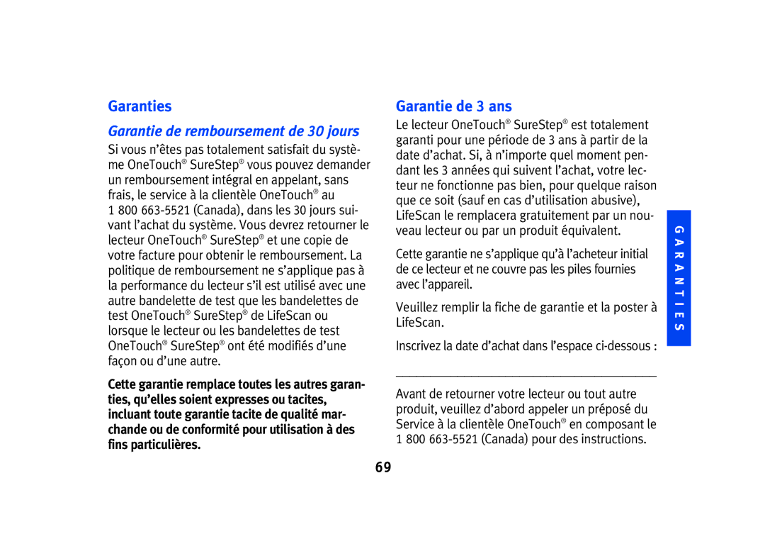 Lifescan SPD2410BD manual Garanties, Garantie de remboursement de 30 jours, Garantie de 3 ans 