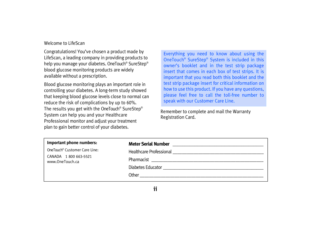 Lifescan SPD2410BD manual Remember to complete and mail the Warranty Registration Card 