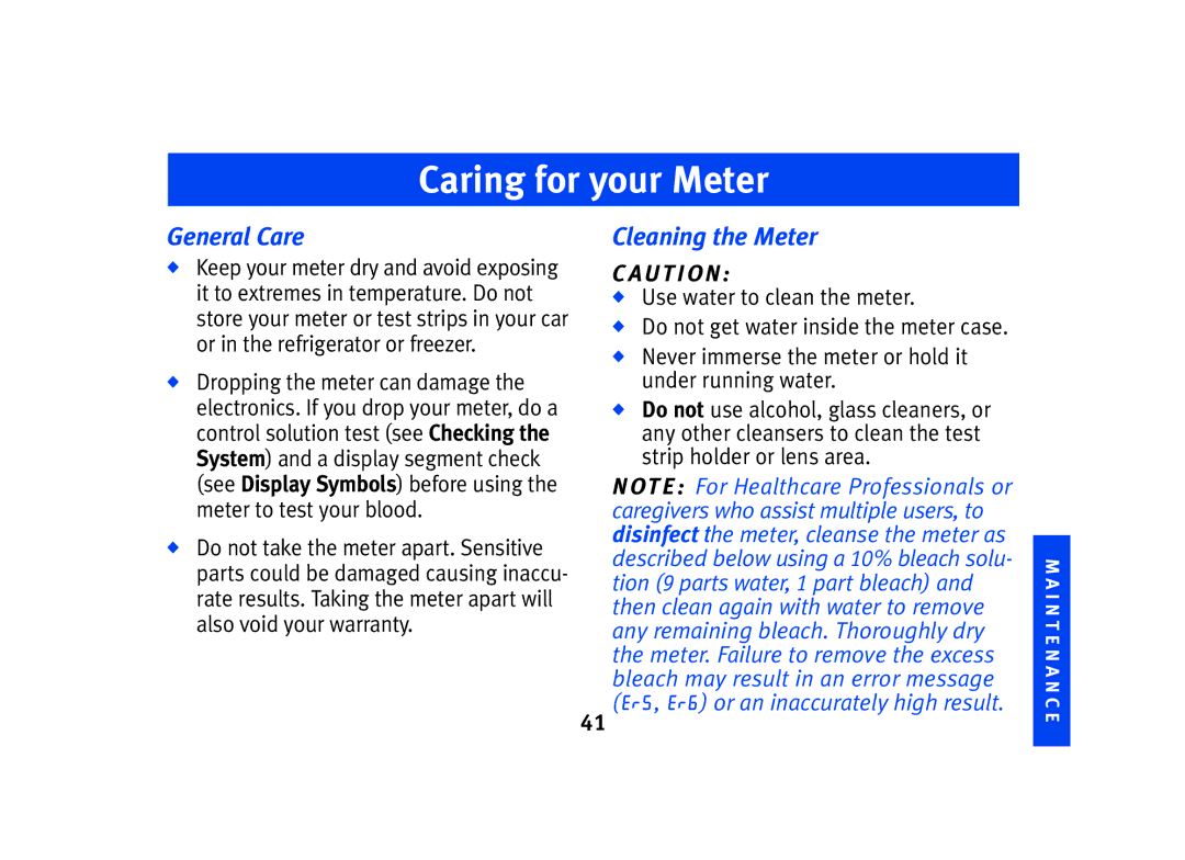 Lifescan SPD2410BD manual Caring for your Meter, Use water to clean the meter 