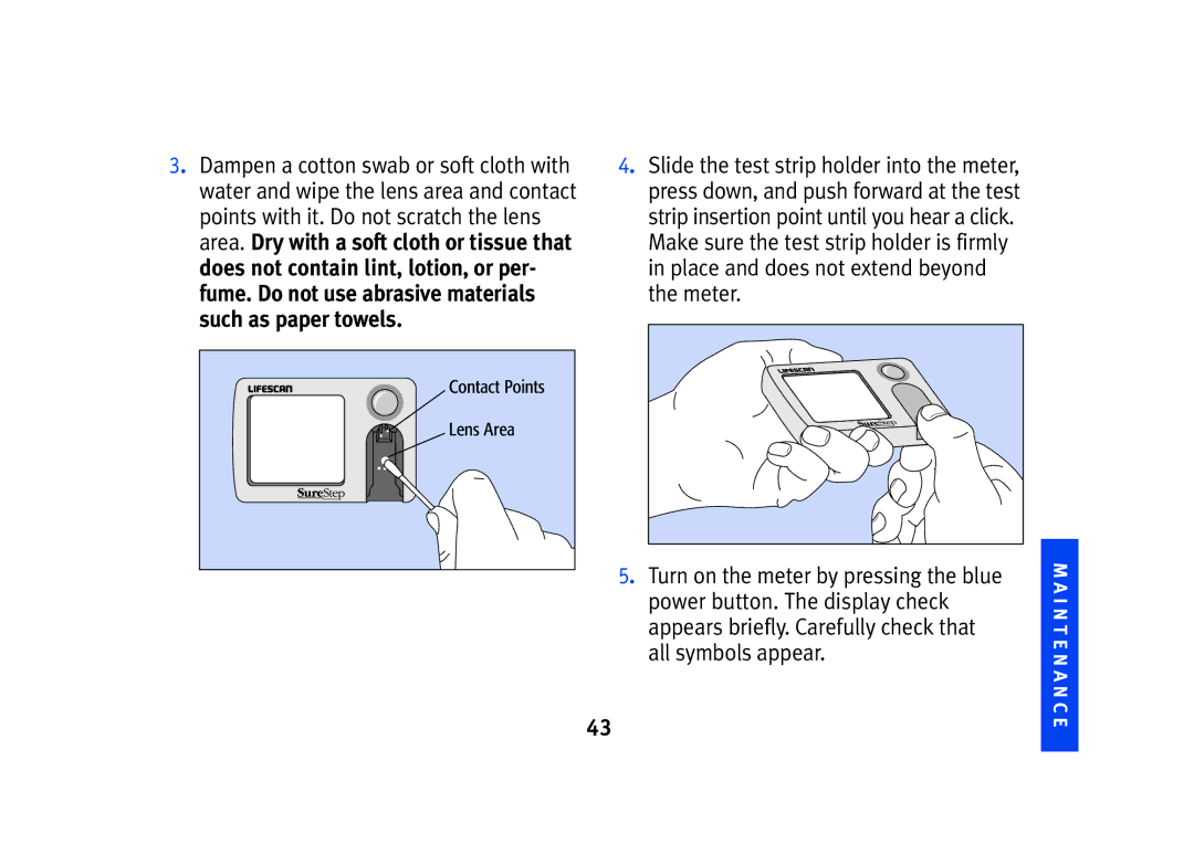 Lifescan SPD2410BD manual Dampen a cotton swab or soft cloth with, Points with it. Do not scratch the lens, Meter 