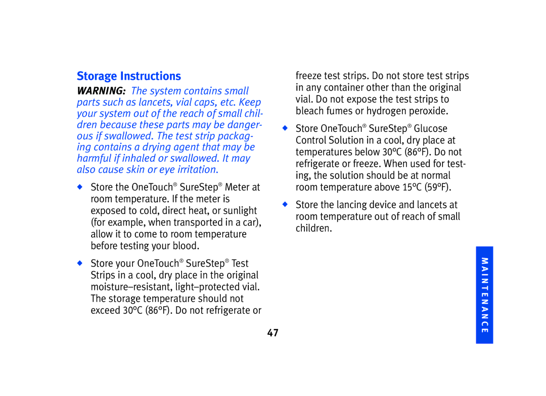 Lifescan SPD2410BD manual Storage Instructions 