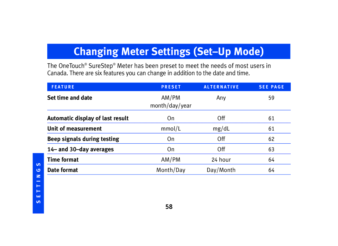 Lifescan SPD2410BD manual Changing Meter Settings Set-Up Mode 