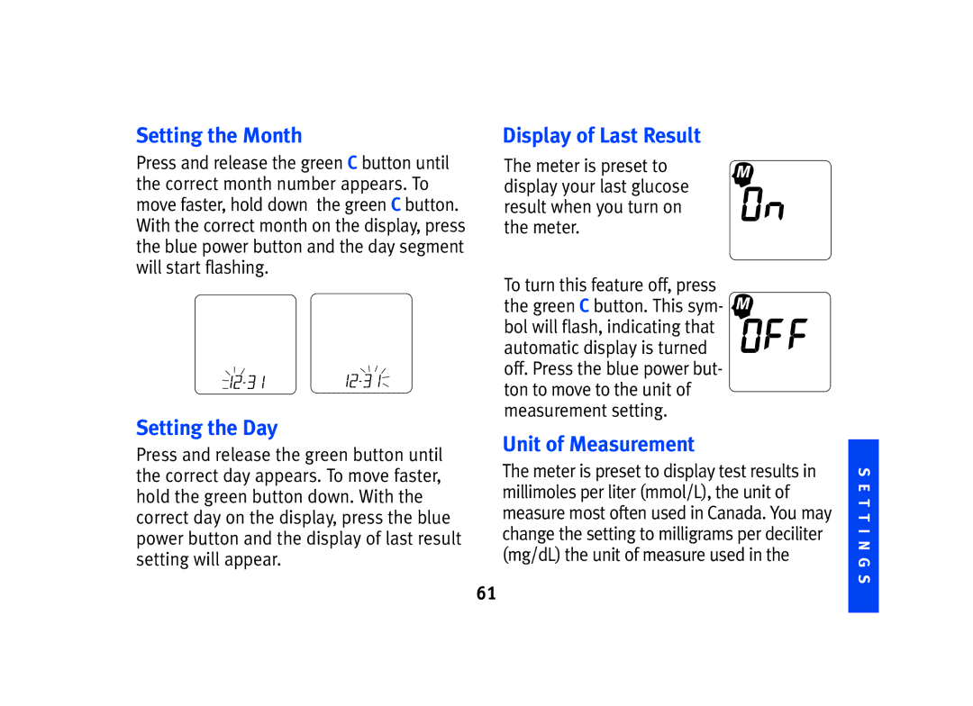 Lifescan SPD2410BD manual Setting the Month, Setting the Day, Display of Last Result, Unit of Measurement 