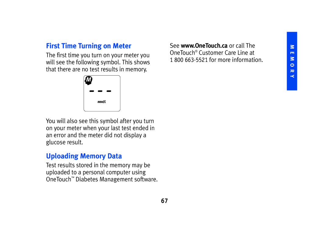 Lifescan SPD2410BD manual First Time Turning on Meter, Uploading Memory Data, 800 663-5521 for more information 