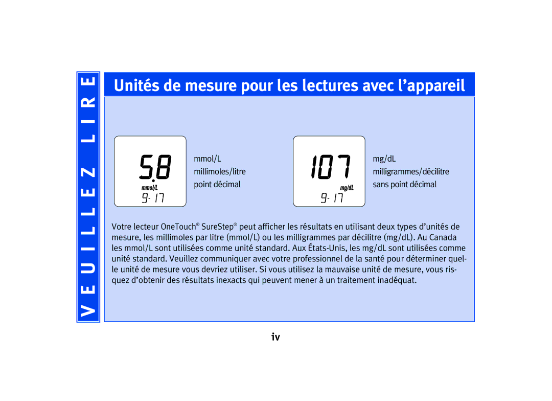 Lifescan SPD2410BD manual Unités de mesure pour les lectures avec l’appareil 