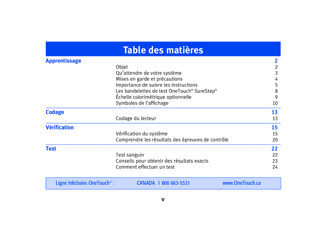 Lifescan SPD2410BD manual Table des matières 