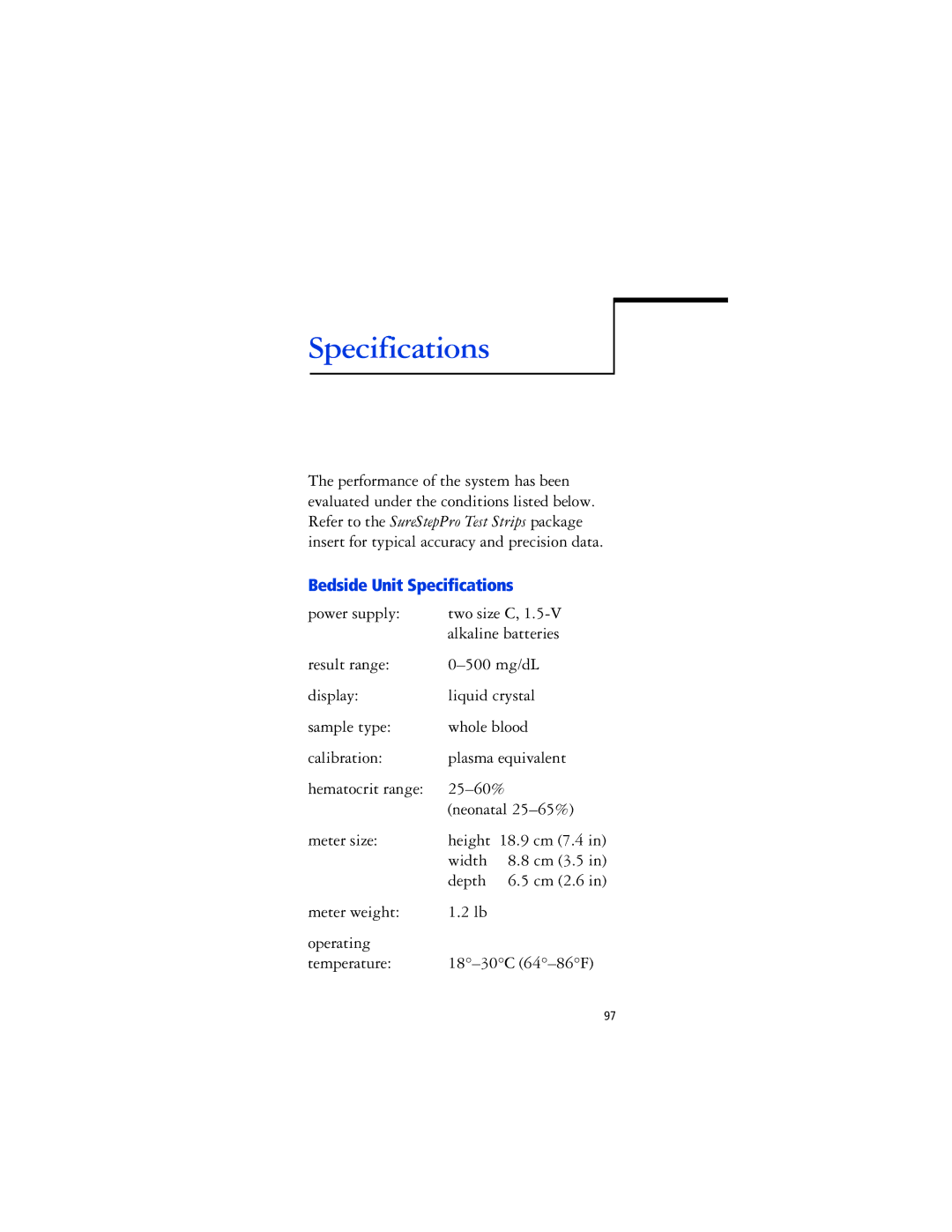 Lifescan SureStep Pro manual Bedside Unit Specifications 