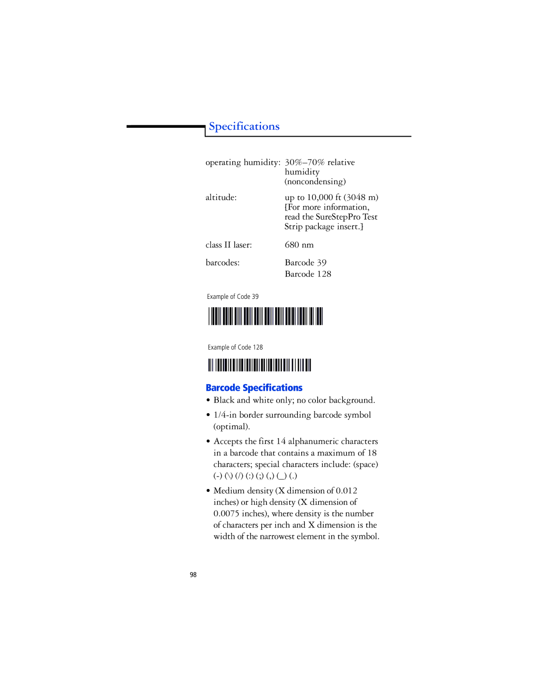 Lifescan SureStep Pro manual Barcode Specifications 