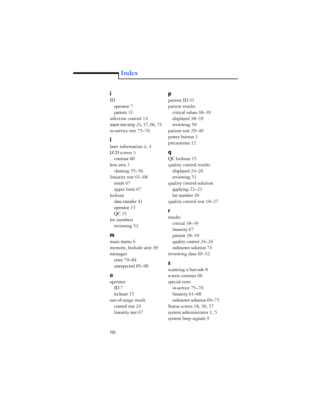 Lifescan SureStep Pro manual Index 